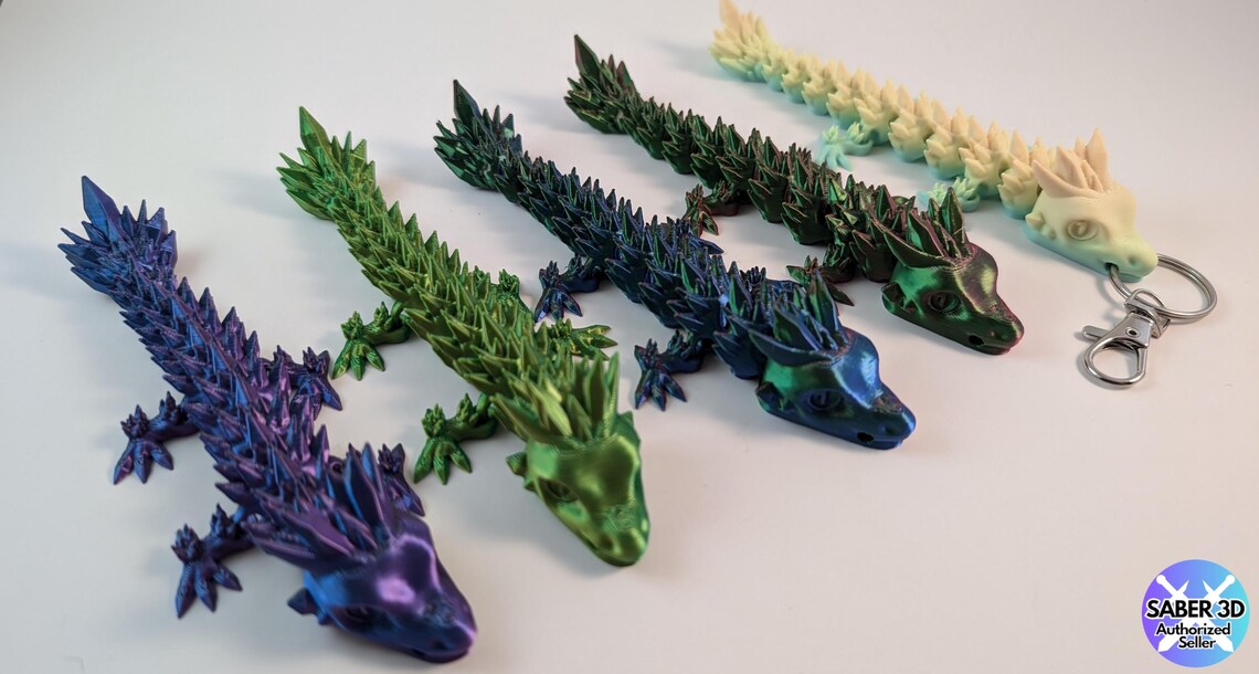 3d Printed Crystal dragon keychain - Unique 3D Articulated Accessory | Enchanting Dragon Keychain - Trinket for handbags and backpacks.